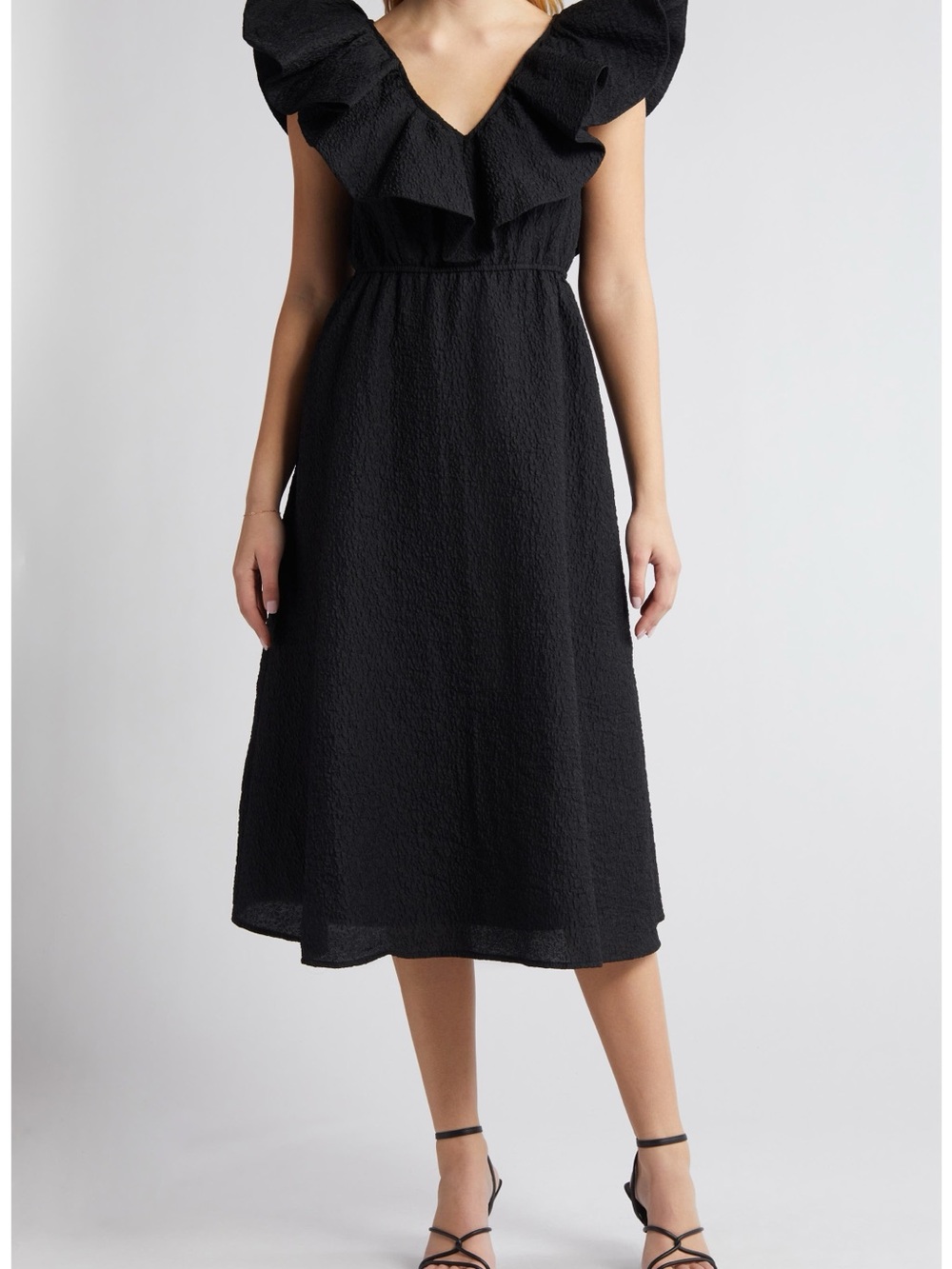 Chelsea28 Black Midi Dress with Ruffle V-Neck
